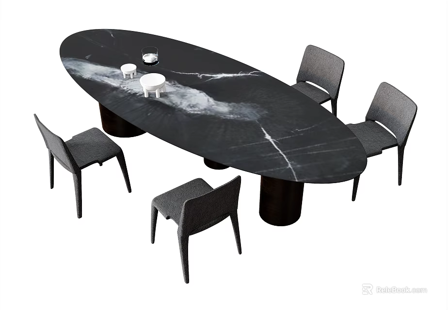 Modern Black Marble Oval Dining Table Set With Four Gray Chairs And White Veins 3d model 
