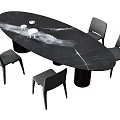 Modern Black Marble Oval Dining Table Set With Four Gray Chairs And White Veins