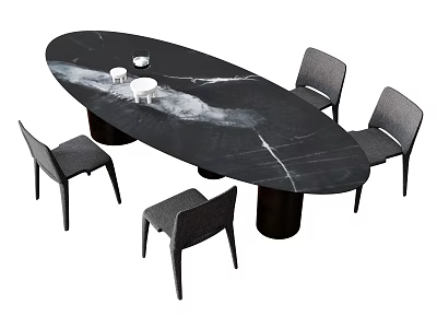 Modern Black Marble Oval Dining Table Set With Four Gray Chairs And White Veins 3d model