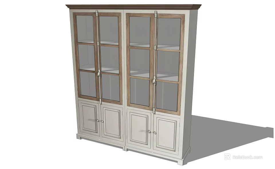 Elegant White Wooden Bookcase with Glass Doors and Multiple Storage Shelves Design 3d model 