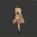 Woman With Short Brown Hair Posing In Patterned Dress Lifting One Leg On Gray Background