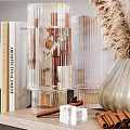 Decorative Ornament Set With Dried Pampas Grass Transparent Glass Vases Stacked Books And Wall Clock