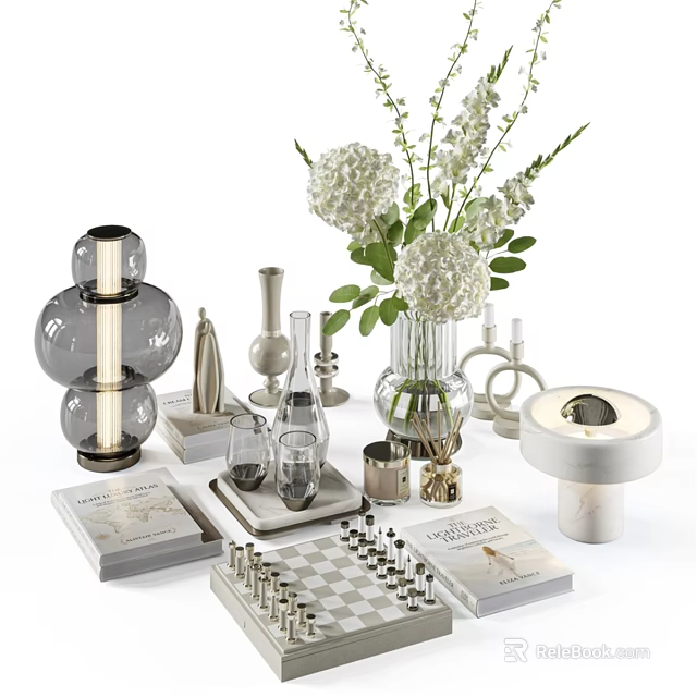 Stylish Decorative Ornament Set With Vase Flowers Candle Holders Books And Chessboard 3d model 