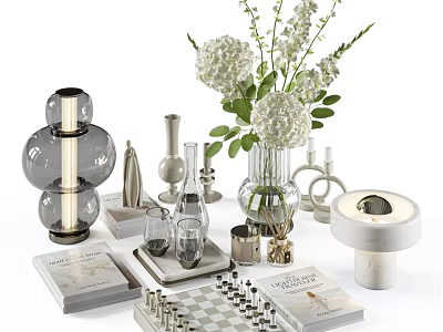 Stylish Decorative Ornament Set With Vase Flowers Candle Holders Books And Chessboard 3d model