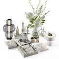 Stylish Decorative Ornament Set With Vase Flowers Candle Holders Books And Chessboard