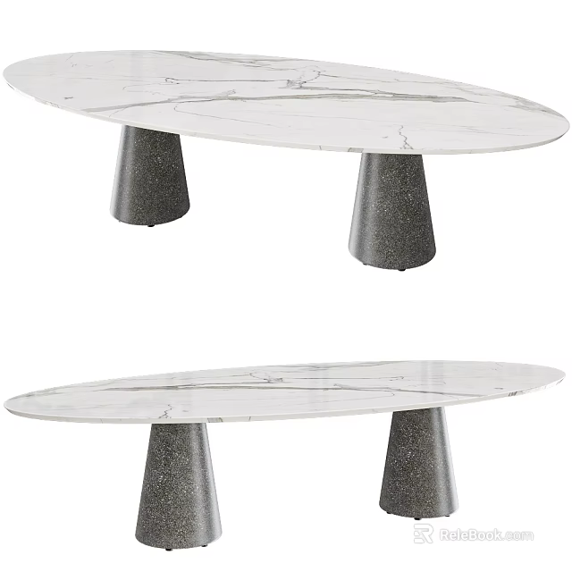 Modern Oval Dining Table With White Marble Top And Gray Cone Shaped Legs 3d model 