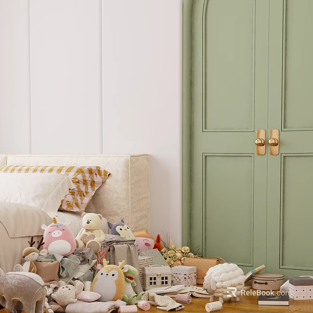 Kids Room Interior With Green Wardrobe Gold Handles Stuffed Toys and Bed Pillows 3d model 