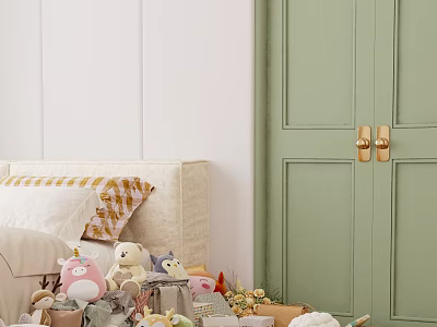 Kids Room Interior With Green Wardrobe Gold Handles Stuffed Toys and Bed Pillows 3d model