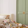 Kids Room Interior With Green Wardrobe Gold Handles Stuffed Toys and Bed Pillows