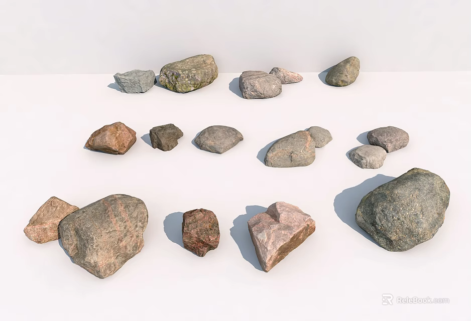 Various Sizes And Colors Of Natural Stones With Irregular Shapes On White Surface 3d model 