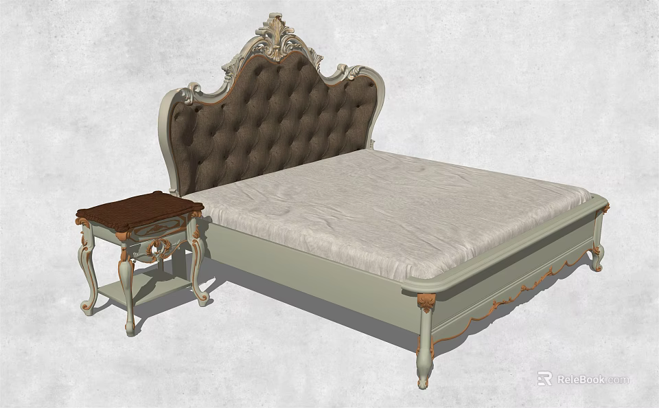 Traditional Double Bed Featuring Tufted Brown Headboard Carved Light Frame And Wooden Nightstand 3d model 