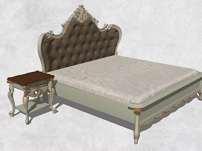 Traditional Double Bed Featuring Tufted Brown Headboard Carved Light Frame And Wooden Nightstand 3d model