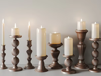 Ornate Standing Candle Lamps With Intricate Carved Bases And White Candles 3d model