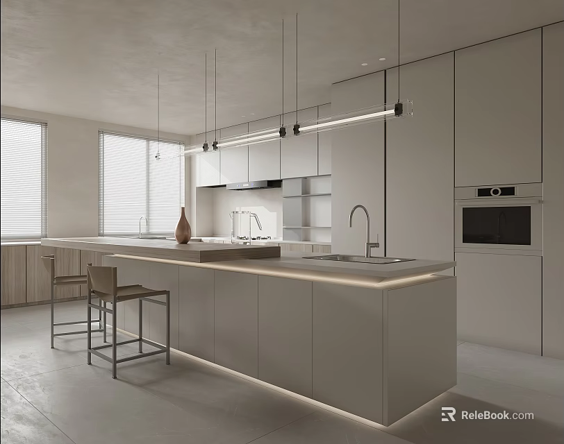 Modern Open Kitchen Interior With Island Counter Cabinets Pendant Lights Bar Stools And Large Windows 3d model 