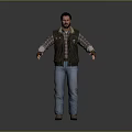 A Man Standing In Gray Background Wearing Plaid Shirt Vest Jeans And Brown Gloves