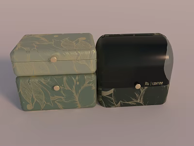 Decorative Ornament Set with Stacked Light Green Floral Pattern Boxes and Black Fairy Label Case 3d model