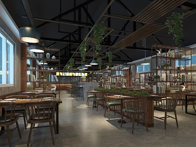 Spacious Restaurant Interior With Wooden Ceiling Hanging Green Plants Large Windows And Bar Area 3d model