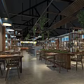 Spacious Restaurant Interior With Wooden Ceiling Hanging Green Plants Large Windows And Bar Area