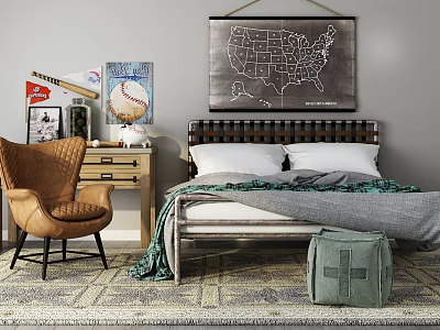Double Bed with Chalkboard US Map Wall Art Nightstand Baseball Decor Brown Chair Green Backpack 3d model