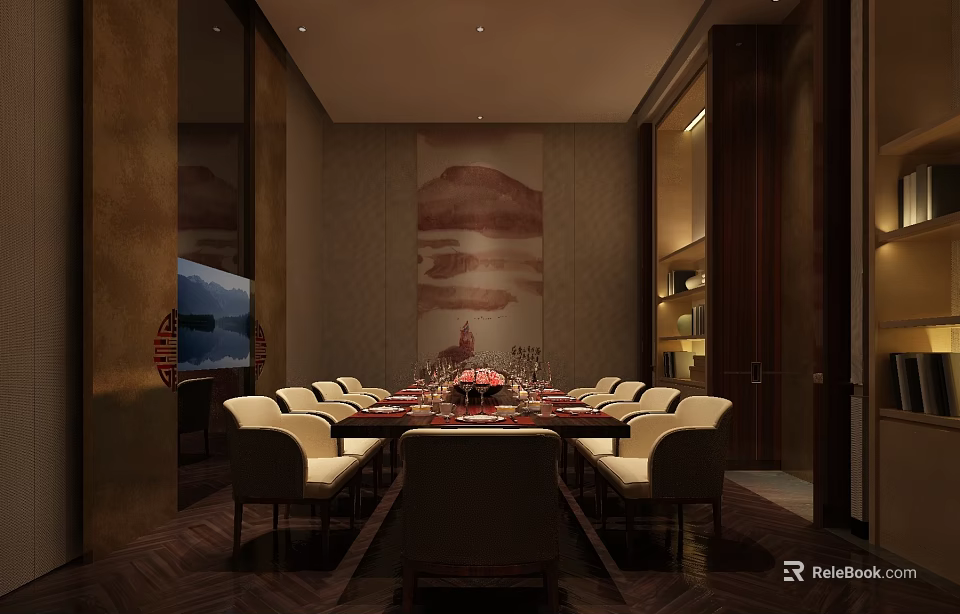 Elegant Chinese Style Private Dining Room With Long Table Chairs And Decorative Painting 3d model 