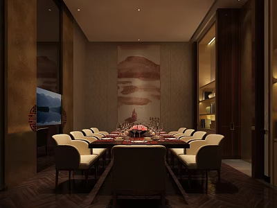 Elegant Chinese Style Private Dining Room With Long Table Chairs And Decorative Painting 3d model