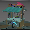 Vibrant Fish Seafood Stall Featuring Blue Awning Colorful Fish Decoration And Customer Stool