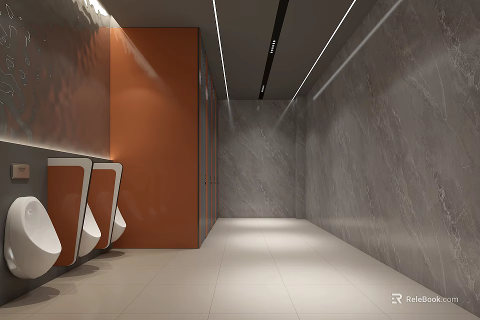Modern Public Toilet Interior With Marble Walls Urinals And Bright Lighting 3d model 