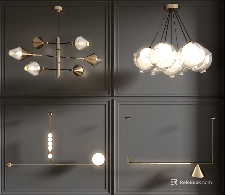 Modern Chandeliers With Various Designs Hanging On Dark Wall For Interior Decor 3d model