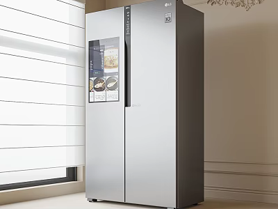 Modern Stainless Steel Double Door Refrigerator Freezer In Bright Room With Window Blinds 3d model
