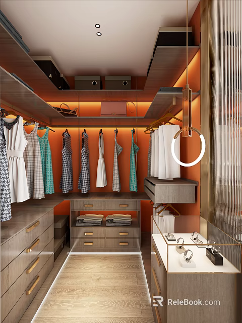 Modern Walk in Closet Interior Design With Hanging Dresses Drawers And Recessed Lighting 3d model 