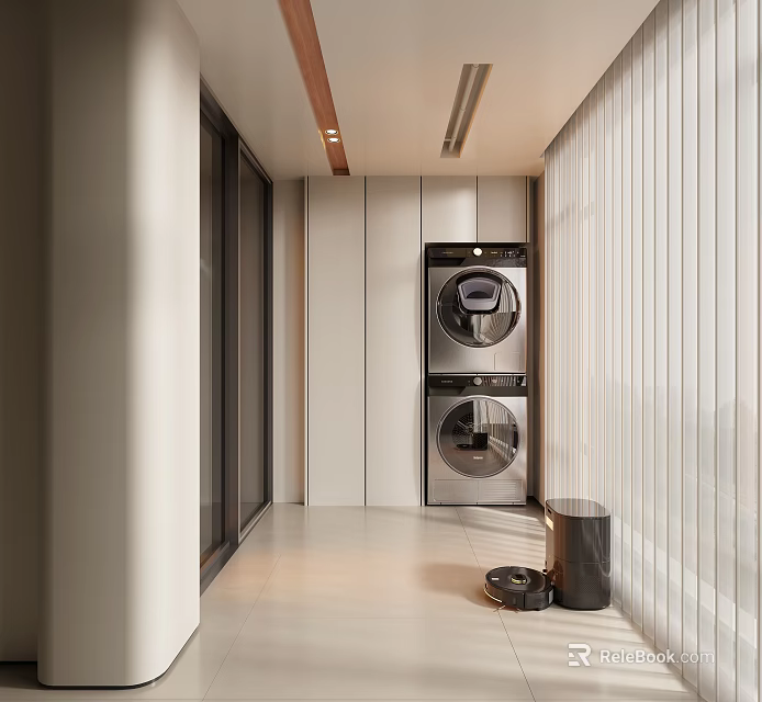 Modern Home Balcony Space With Stacked Washer Dryer And Vertical Curtains 3d model 
