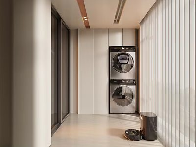 Modern Home Balcony Space With Stacked Washer Dryer And Vertical Curtains 3d model