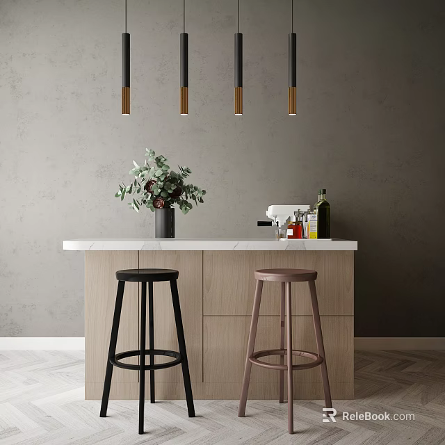Modern Bar Counter Interior With Marble Top Black Pink Stools And Hanging Lights 3d model 