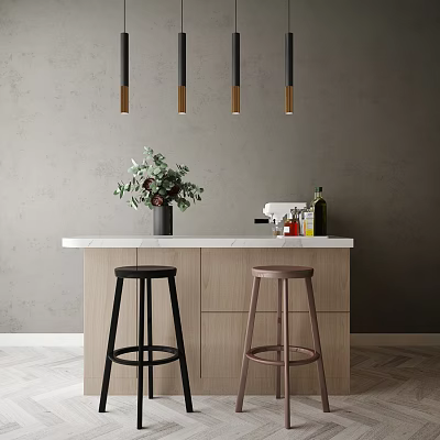 Modern Bar Counter Interior With Marble Top Black Pink Stools And Hanging Lights 3d model