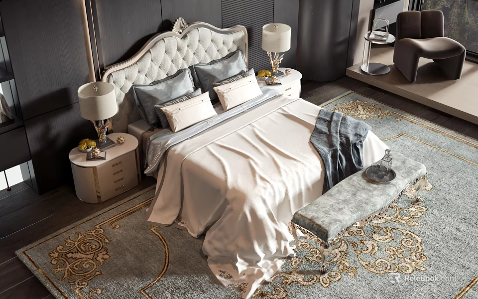 Luxurious Double Bed With Tufted Headboard Bedside Tables Table Lamps Decorative Pillows Soft Throw And Ornate Rug 3d model 
