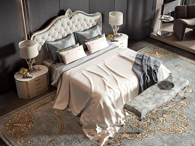 Luxurious Double Bed With Tufted Headboard Bedside Tables Table Lamps Decorative Pillows Soft Throw And Ornate Rug 3d model