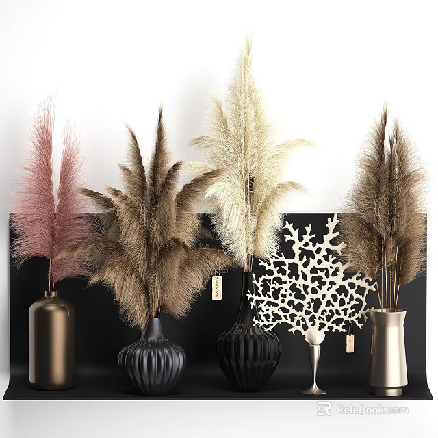 Elegant Pampas Grass Arrangement In Modern Black Gold Silver Vases With Decorative Panel 3d model 