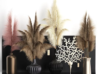 Elegant Pampas Grass Arrangement In Modern Black Gold Silver Vases With Decorative Panel 3d model