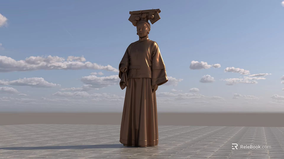 Bronze Ancient Figure Landscape Sculpture With Long Robe And Elaborate Headdress Against Blue Sky 3d model 