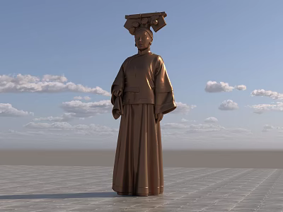 Bronze Ancient Figure Landscape Sculpture With Long Robe And Elaborate Headdress Against Blue Sky 3d model