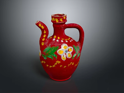 Red Hand Carved Ceramic Pitcher With Floral Patterns Green Leaves And Yellow Accents 3d model