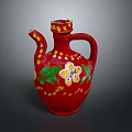 Red Hand Carved Ceramic Pitcher With Floral Patterns Green Leaves And Yellow Accents
