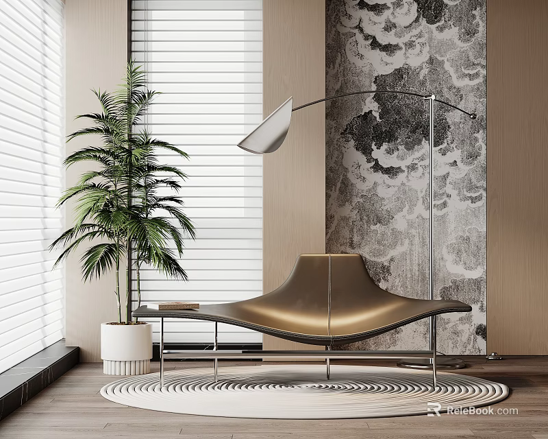 Stylish Leisure Chair With Golden Leather Seat Floor Lamp And Potted Plant By Textured Wall 3d model 