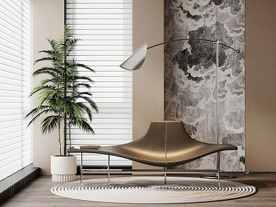 Stylish Leisure Chair With Golden Leather Seat Floor Lamp And Potted Plant By Textured Wall 3d model