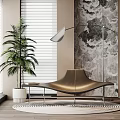 Stylish Leisure Chair With Golden Leather Seat Floor Lamp And Potted Plant By Textured Wall