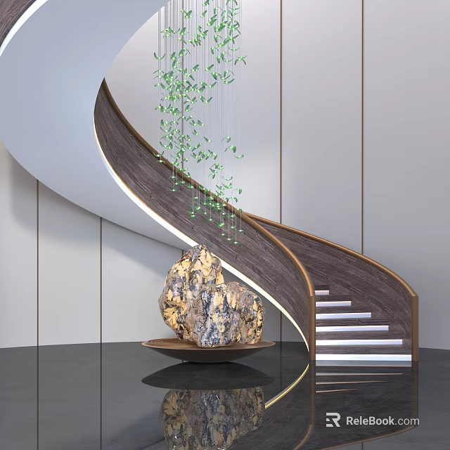 Modern Staircase With Wooden Handrail LED Lights Hanging Greenery Rock Decor White Walls Black Floor 3d model 