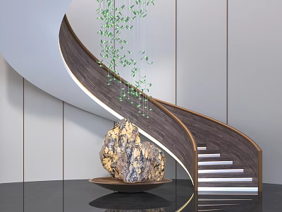 Modern Staircase With Wooden Handrail LED Lights Hanging Greenery Rock Decor White Walls Black Floor 3d model