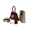 Stylish Beige Tote Bag And Brown Cowhide Pattern Handbag With Cosmetics Coffee And Books