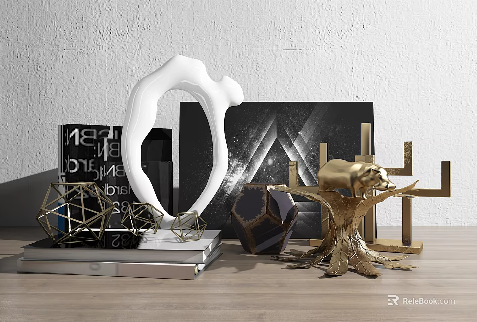 Modern Decorative Ornament Set With White Curved Black Geometric Gold Tree Shaped Pieces And Books 3d model 