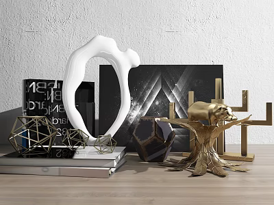 Modern Decorative Ornament Set With White Curved Black Geometric Gold Tree Shaped Pieces And Books 3d model